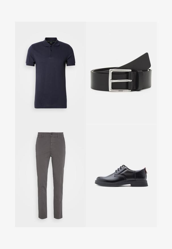 Polo en bleu marine en coton, avec un col plat, une patte de boutonnage à trois boutons et un logo brodé sur la poitrine. Manches courtes.; Chino gris avec une coupe slim, fabriqué en coton respirant. Dispose d'une fermeture à bouton et de poches latérales, avec une finition lisse et mate.; Chaussures en cuir noir à lacets avec une texture lisse, un bout arrondi et des détails de couture discrets. Présentent une languette rouge à l'arrière.; Ceinture en cuir noir avec une boucle rectangulaire en argent, dotée d'un logo discret et d'une texture lisse. Les extrémités se terminent en rondeur.