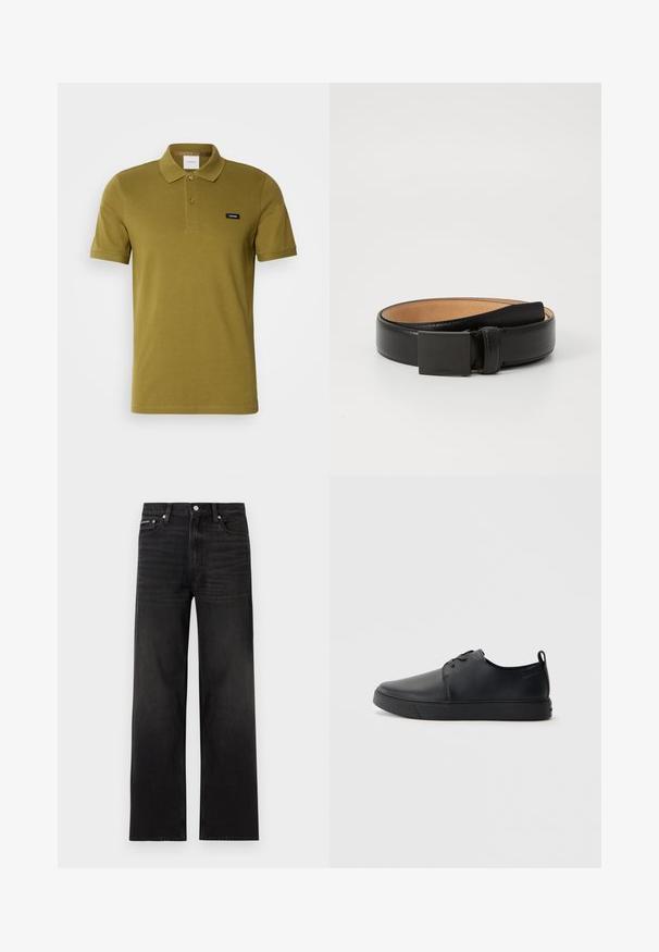 Polo shirt vert olive en coton doux. Dispose d'un col classique, de deux boutons et d'un petit logo de la marque sur la poitrine gauche. Manches courtes.; Jean noir droit avec cinq poches, passants pour ceinture et fermeture par bouton, présenté sur un fond blanc.; Baskets en cuir noir avec une finition lisse, bout arrondi, coutures ton sur ton, devant à lacets et semelle plate en caoutchouc. Anse au talon.; Ceinture en cuir noir avec une finition lisse, dotée d'une boucle rectangulaire en métal noir et d'une doublure intérieure beige. Design simple et classique.