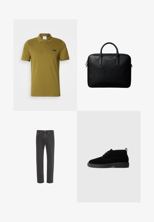 Polo shirt vert olive en coton doux. Dispose d'un col classique, de deux boutons et d'un petit logo de la marque sur la poitrine gauche. Manches courtes.; Jean en denim noir à coupe droite avec fermeture avant par bouton et zip, poches avant et arrière, présenté sur fond blanc.; Bottines en suédine noire à bout rond, à lacets, avec une semelle en caoutchouc noire et une languette à l'arrière pour un enfilage facile.; Mallette en cuir noir texturé avec double poignées et tirettes de fermeture éclair argentées, centrée sur fond blanc.