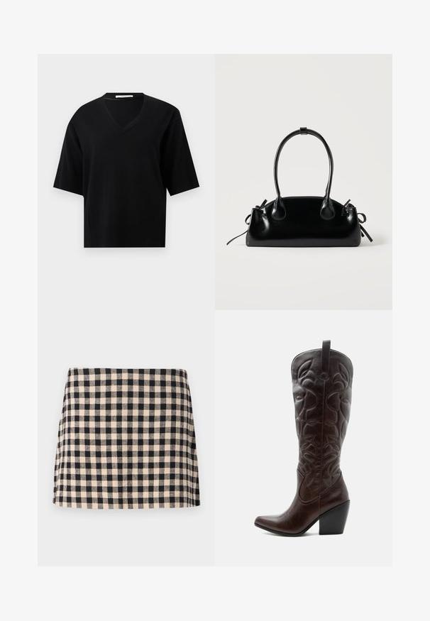 Pull noir à manches courtes avec col en V, ourlet et poignets en côte, sur un fond clair uni.; Jupe à carreaux noir et crème avec une coupe droite, présentant une texture lisse et un ourlet qui se situe au-dessus du genou. Sans matériel ni accents.; Botte de cowboy haute en cuir marron foncé avec motifs décoratifs cousus, bout pointu et talon bloc empilé.; Petit sac à main noir brillant avec deux longues anses et des détails à cordon sur les côtés sur un fond clair uni.