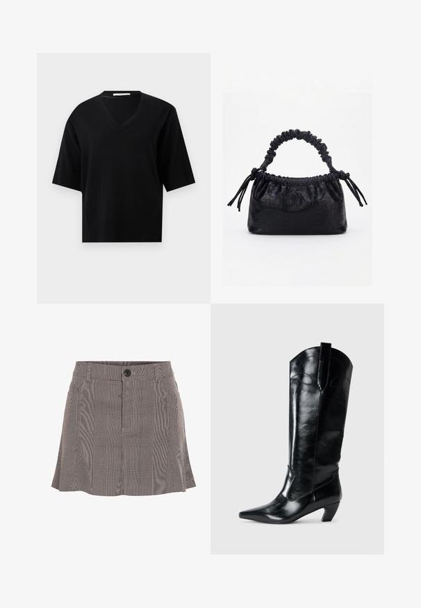 Pull noir à manches courtes avec col en V, ourlet et poignets en côte, sur un fond clair uni.; Jupe à carreaux noir et blanc, fabriquée en tissu léger, dotée d'une ceinture avec un bouton et d'un design plissé pour plus de détails.; Bottes en cuir noir montantes jusqu'au genou, avec une pointe effilée, un talon bas, et des détails de couture décoratifs sur les côtés. Fini lisse et brillant.; Sac à main noir avec texture crocodile, bord supérieur froncé, poignée plissée et pompons à cordon de chaque côté sur fond blanc.