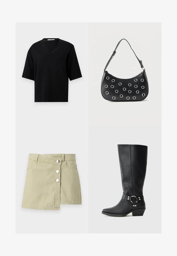 Pull noir à manches courtes avec col en V, ourlet et poignets en côte, sur un fond clair uni.; Jupe portefeuille en jean beige avec boutons-pression argentés à l'avant et passants pour ceinture, présentant un léger chevauchement sur le côté droit avant.; Bottines noires en cuir hauteur genou avec un bout pointu, dotées d'une sangle décorative à la cheville et d'accents en métal argenté. Talon bas empilé.; Sac d'épaule en cuir noir avec bandoulière réglable, orné d'œillets en métal argenté et fermeture éclair supérieure.