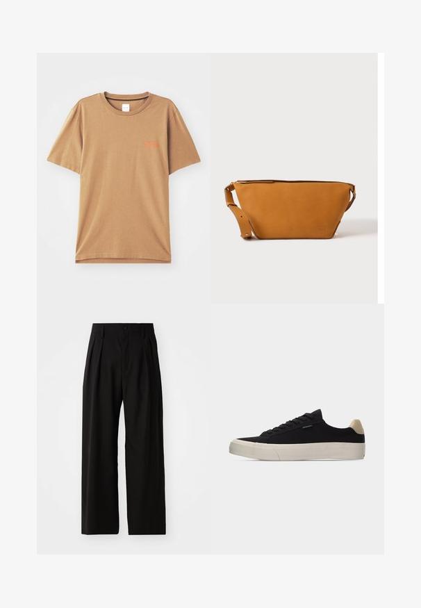 Braunes T-Shirt mit kurzen Ärmeln aus Baumwolle, runder Ausschnitt, mit kleinem orangefarbenem Text auf der Brust und einer lockeren Passform.; Schwarze weit geschnittene Hose mit glatter Textur, zwei vorderen Falten, einem Knopfverschluss und seitlichen Taschen. Strapazierfähiger Stoff.; Schwarzer Low-Top-Sneaker mit beigem Fersenlasche, weißer dicker Gummisohle, schwarzen Schnürsenkeln und kleinem "PS Paul Smith"-Label an der Seite.; Hellbraune Leder-Umhängetasche mit verstellbarem Schulterriemen und Reißverschluss, vor einem schlichten hellen Hintergrund gezeigt.