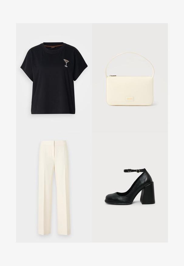 T-shirt noir à manches courtes en coton. Présente un verre à martini orné de strass sur le côté gauche de la poitrine. Encolure ronde, coupe décontractée.; Pantalon droit sur mesure couleur blanc cassé avec pli avant, ceinture et fermeture avant dissimulée sur un fond uni.; Chaussure à talon haut en cuir noir avec bout arrondi et bride de cheville réglable avec boucle dorée sur fond uni clair.; Sac à main rectangulaire de couleur crème avec une seule sangle et une fermeture éclair sur le dessus, comportant une petite plaque de logo embossé à l'avant.