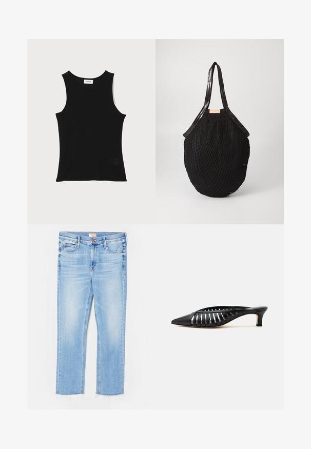 Schwarzes, geripptes Tanktop mit rundem Ausschnitt und breiten Trägern, das eine subtile Texturierung und ein kleines Netzdetail am Saum aufweist.; Mother LIL MID RISE DAZZLER FRAY - Jeans Slim Fit - light blue; Schwarze Leder-Mule mit spitzer Schuhspitze, Riemchen-Design und niedrigem Kittenheel auf weißem Hintergrund.; Schwarze geflochtene Tragetasche in ovaler Form mit glatten Griffen und einem strukturierten netzähnlichen Design. Etikett auf der Seite sichtbar.