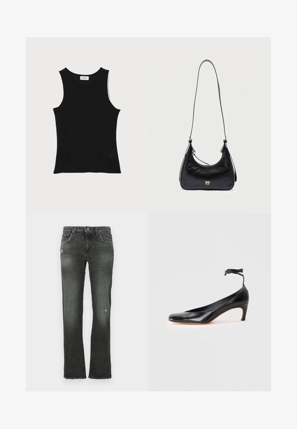 Zwarte geribbelde tanktop met een ronde halslijn en brede schouderbanden, met een subtiele textuurafwerking en een klein gaasdetail aan de zoom.; Zwarte denim jeans met een rechte pijp, voorzien van subtiele slijtage en een klassieke vijf-pocket indeling. Standaard knoopsluiting en riemlussen.; Zwarte leren pump met een spitse neus, slanke hak en enkelbandje met een kwastaccent. Gladde textuur en slank ontwerp.; Zwarte leren schoudertas met lange riem, goudkleurig logo-embleem aan de voorkant en ritssluiting.