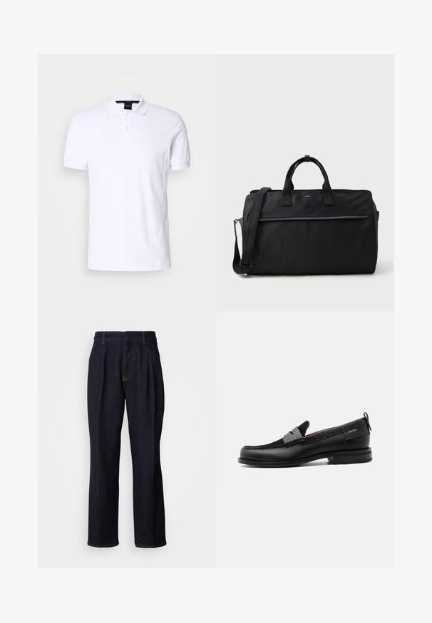 Witte polo van katoen met korte mouwen, een kraag en een knoopsluiting met drie knopen. Subtiele logo-details op de borst. Gladde textuur.; Donkerblauwe denim jeans met wijde pijpen, inclusief voorplooien en oranje stiksels, weergegeven op een witte achtergrond.; Zwarte leren loafer met grijs riemdetailelement, lage hak en gestructureerde zool, aan de zijkant gebrandmerkt met "HUGO" in goud.; Zwarte rechthoekige reistas met dubbele handgrepen, verstelbare schouderriem, voorzak met rits en klein "BOSS"-logo aan de voorkant.
