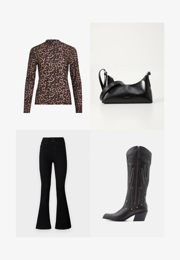 Top de manga larga con estampado de leopardo y cuello alto, fabricado en tejido elástico. Presenta una base beige con manchas marrones. Textura suave, diseño ajustado.; Pepe Jeans FLARE CONTOUR - Vaqueros a campana - black denim; Botas de cowboy de cuero marrón con costuras en forma de llama, cremallera lateral, tachuelas plateadas, punta puntiaguda y tacón apilado.; Bolso de mano de cuero negro con una textura suave. Cuenta con una correa ajustable y un diseño elegante y minimalista con cierre de cremallera.