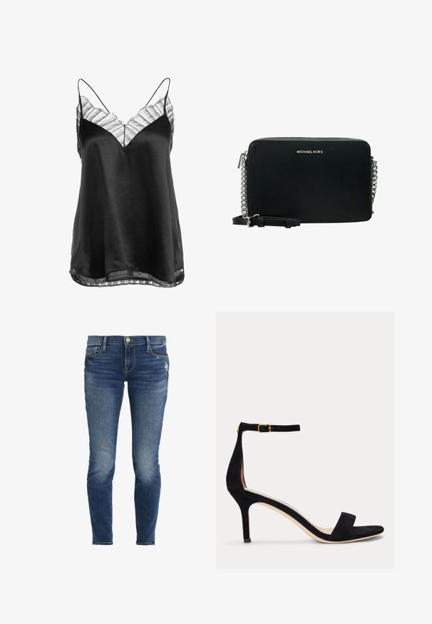 Camisole en satin noir avec un décolleté en V et une bordure en dentelle rayée transparente le long du col et de l'ourlet, avec de fines bretelles ajustables.; Jeans skinny en denim bleu foncé avec des zones décolorées et un léger effet de déchirure. Comprend un design classique à cinq poches et une fermeture à bouton à l'avant.; Sandale à talon haut en daim noir avec une fine bride à la cheville et une boucle dorée, bout ouvert et talon modéré sur fond blanc uni.; Sac à bandoulière noir en synthétique, avec une forme rectangulaire épurée, une chaîne en argent et le logo embossé "MICHAEL KORS" à l'avant.