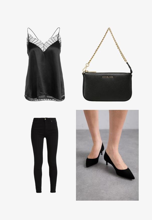 Camisole en satin noir avec un décolleté en V et une bordure en dentelle rayée transparente le long du col et de l'ourlet, avec de fines bretelles ajustables.; Jean skinny noir en tissu extensible en coton mélangé. Présente une fermeture à bouton à l'avant et des passants de ceinture pour un ajustement réglable.; Talons aigus en daim noir avec un talon moyen slim et classique, et une large ouverture, présentés sur des pieds nus sur un fond gris.; Pochette en cuir noir avec une finition texturée, chaîne dorée, fermeture à zip et nom de marque embossé à l'avant.