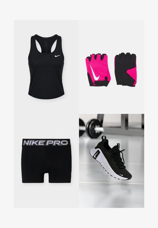 Camiseta sin mangas negra para correr Nike Dri-FIT con espalda racer y logo blanco de Nike en el pecho izquierdo.; Pantalones cortos de compresión Nike Pro negros con cinturilla ancha con texto grande plateado "NIKE PRO".; Zapatilla deportiva negra con parte superior de tela texturizada, suela blanca y sistema de cordones prominente. Presenta un logo de Nike y un diseño suave y acolchado.; Guantes cortos de color rosa con acentos negros, que presentan un logo blanco de Nike, palmas acolchadas y diseño sin dedos para mejorar el agarre y la flexibilidad.