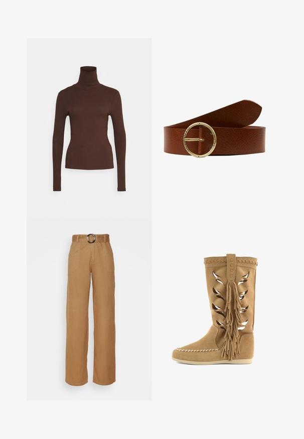 Pieces PCKITTE ROLLNECK - Top s dlhým rukávom - chicory coffee; JDY Tall JDYHAVEN PANT - Nohavice - toasted coconut; Béžový semišový čižma do polovice lýtok s laserovo vyrezávanými vzormi listov, pletenou lemovkou, veľkými bočnými strapcami, vyšívaním na špičke v štýle mokasín a plochou podrážkou.; Hnedý kožený opasok s textúrovaným povrchom, s kruhovou zlatou sponou Gravírovanou s nápisom "T.W. ST. BROS & CO S.F. CAL."