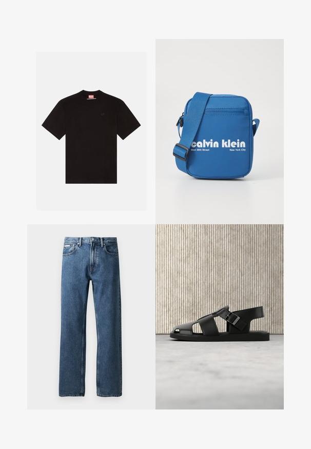 Sort bomulds T-shirt med korte ærmer, rund halsudskæring og et lille præget logo på brystet. Rød mærkat ved halsudskæringen.; Blå lige ben denim jeans med høj talje, knap- og lynlås lukning, forvaskede lommer og et lille hvidt mærke på den højre lomme.; Sort lædersandal med spænde, åbent tå-design, vist på beige tæppe med sløret brun møbelbaggrund.; Blå crossover taske med justerbar skulderrem, forlommer med lynlås og fremtrædende hvid brandtekst. Lavet af glat materiale med rektangulær form.