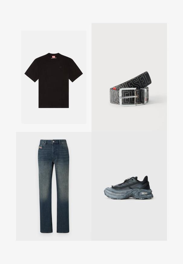 Zwarte katoenen t-shirt met korte mouwen, ronde hals en een klein reliëflogo op de borst. Rode merklabel bij de hals.; Blauwe denim jeans met rechte pijpen, een vervaagde wassing, knoop- en ritssluiting aan de voorkant, en een ontwerp met vijf zakken.; Zwarte en grijze Diesel sneakers met dikke zool, vetersluiting en gestructureerd ontwerp op een effen lichtgrijze achtergrond.; Zwarte Diesel-riem met grote witte logotekst, rechthoekige zilveren gesp en merkmetal lusdetail, opgerold op een lichte achtergrond.