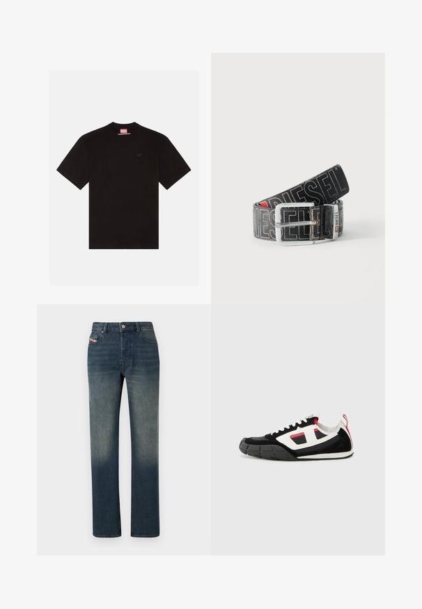 Sort bomulds T-shirt med korte ærmer, rund halsudskæring og et lille præget logo på brystet. Rød mærkat ved halsudskæringen.; Blå denimjeans med lige ben, falmet vask, forreste knap- og lynlås lukning samt fem-lomme design.; Diesel S PAGODHA LOW - Sneakers - black; Sort Diesel-bælte med stor hvid logo tekst, rektangulært sølvspænde og brandet metal-loop detalje, rullet sammen på en lys baggrund.