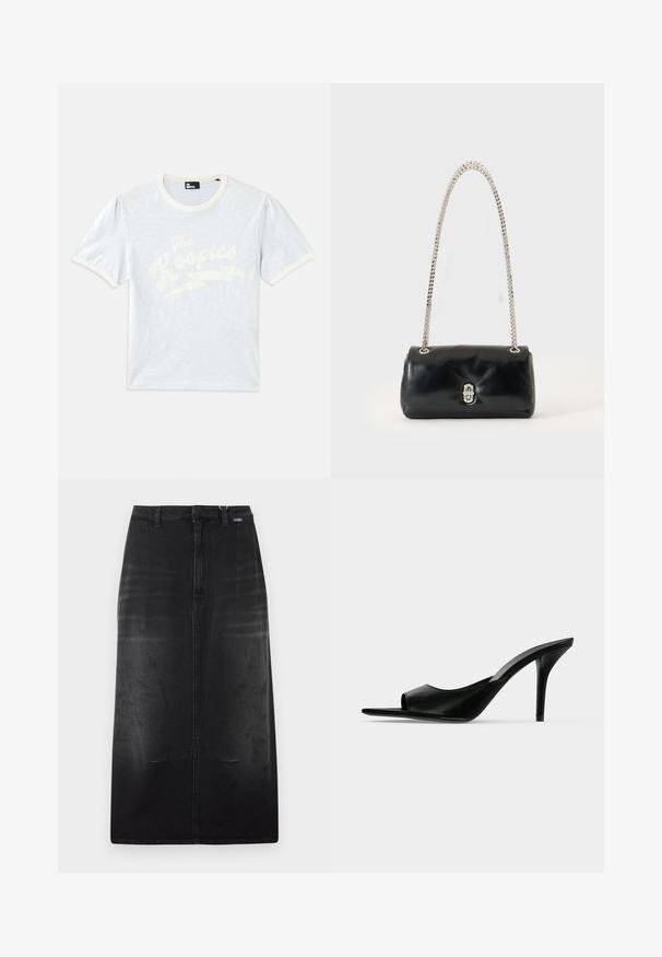 Svetlomodré tričko s krátkym rukávom a krémovým golierom, s vypučanými rukávmi, s bielym textom "The Kooples" a dizajnom blesku.; Čierna rifľová midi sukňa s opaskovými slučkami, predným švom a jemnou vyblednutou textúrou.; Čierne kožené šľapky s otvorenou špičkou a vysokým tenkým podpätkom, zobrazené v bočnom profile na jednoduchom pozadí.; Čierna kožená kabelka so strieborným reťazovým popruhom a strieborným zapínaním, vystavená na jednofarebnom svetlom pozadí.