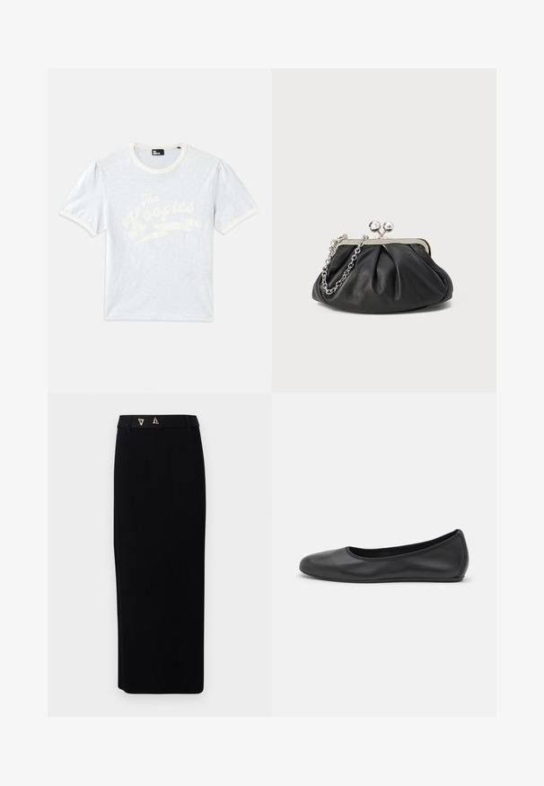 Lichtblauwe t-shirt met korte mouwen en een crèmekleurige kraag, met opgeblazen mouwen, featuring witte tekst "The Kooples" met een bliksemschichtontwerp.; AERON FORUM - Kokerrok - black; Zwarte leren ballerina met een ronde neus, gladde textuur, minimale stikdetails en een flexibele zoolontwerp.; Zwarte leren clutch met geplooide textuur, zilverkleurig metalen frame, drukknopsluiting en kettingriem. Glad, zacht oppervlak.