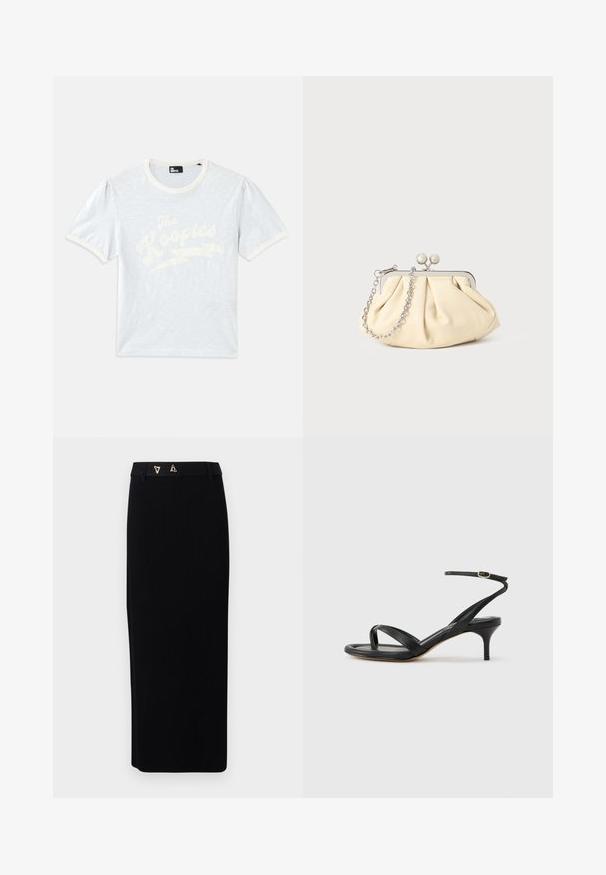 Lichtblauwe t-shirt met korte mouwen en een crèmekleurige kraag, met opgeblazen mouwen, featuring witte tekst "The Kooples" met een bliksemschichtontwerp.; AERON FORUM - Kokerrok - black; Zwarte leren dames sandaal met dunne bandjes, een teengreep, een enkelgesp en een stilettohak van gemiddelde hoogte op een neutrale achtergrond.; Geplooide beige leren clutch met een zilveren metalen frame, voorzien van twee ronde decoratieve sluitingen en een zilveren kettingriem.