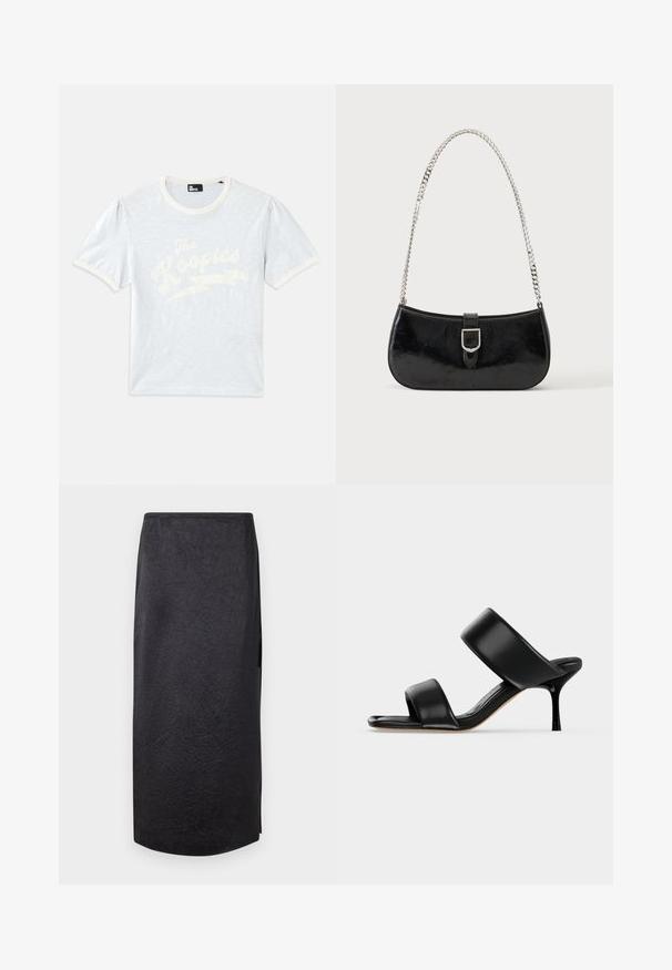 T-shirt bleu clair à manches courtes avec un col crème et des manches bouffantes, arborant le texte blanc "The Kooples" avec un design d'éclair.; Jupe noire mi-longue avec une texture froissée, coupe droite et fente sur le côté. Le tissu semble léger. L'ourlet est légèrement arrondi.; Sandale mule en cuir noir avec deux larges brides et un talon stiletto fin de hauteur moyenne sur un fond clair uni.; Sac à épaule en cuir verni noir avec détail de boucle argentée et bandoulière en chaîne argentée, présenté sur un fond uni clair.