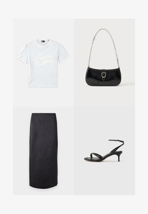 T-shirt bleu clair à manches courtes avec un col crème et des manches bouffantes, arborant le texte blanc "The Kooples" avec un design d'éclair.; Jupe noire mi-longue avec une texture froissée, coupe droite et fente sur le côté. Le tissu semble léger. L'ourlet est légèrement arrondi.; Sandale pour femme en cuir noir avec fines lanières, une boucle d'orteil, une boucle à la cheville et un talon aiguille de hauteur moyenne sur un fond neutre.; Sac à épaule en cuir verni noir avec détail de boucle argentée et bandoulière en chaîne argentée, présenté sur un fond uni clair.