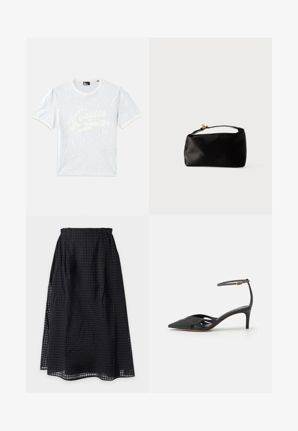 Svetlomodré tričko s krátkym rukávom a krémovým golierom, s vypučanými rukávmi, s bielym textom "The Kooples" a dizajnom blesku.; Čierna sukňa strednej dĺžky s jemným kockovaným vzorom a detailmi s gombíkmi na páse.; Čierna kožená topánka na vysokom opätku s špicatou špičkou, otvorenými stranami a tenkým remienkom okolo členka so zlatým kovovým detailom.; Čierna saténová taška v tvare guľatého pohlavia, s hornou rúčkou a zlatým zapínaním. Hladký povrch s minimalistickým dizajnom.