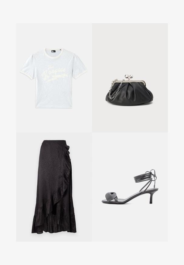 T-shirt bleu clair à manches courtes avec un col crème et des manches bouffantes, arborant le texte blanc "The Kooples" avec un design d'éclair.; Jupe en satin noir avec un ourlet froncé et des détails sur le côté. Le motif léopard texturé ajoute un intérêt visuel. Silhouette longue et fluide.; Sandale à talon en cuir gris avec une bride nouée sur les orteils et des lacets enroulants autour de la cheville, sur un talon moyen et fin, sur fond blanc.; Porte-monnaie en cuir noir avec texture froncée, cadre en métal argenté, fermeture à verrouillage kiss-lock et bandoulière en chaîne. Surface lisse et douce.