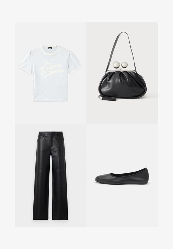 Svetlomodré tričko s krátkym rukávom a krémovým golierom, s vypučanými rukávmi, s bielym textom "The Kooples" a dizajnom blesku.; Čierne kožené nohavice s širokými nohavicami a hladkou textúrou, s prednými vreckami, zapínaním na gombík a jemnými švovými detailmi.; Čierne kožené baleríny s okrúhlou špičkou, hladkým povrchom, minimálnym prešívaním a flexibilným dizajnom podrážky.; Čierna kožená kabelka so zhlukovým dizajnom, jedným popruhom, strieborným kovovým rámom a dvoma veľkými okrúhlymi striebornými zapínaniami.