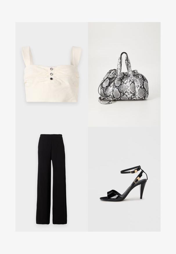 Débardeur court en tissu crème avec des côtés froncés, deux larges bretelles et trois boutons décoratifs sur le devant.; Pantalon noir à jambes larges en tissu doux avec une taille élastique, présentant un design épuré sans motifs ni accents visibles.; Sandale à talon haut en cuir verni noir avec double bride de cheville et boucles dorées, bout ouvert, et talon effilé sur fond neutre.; Sac à main en motif peau de serpent noir et blanc avec deux poignées, une fermeture à cordon et une bandoulière amovible. Texture lisse.