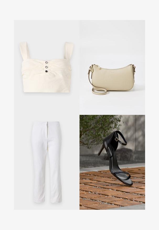 Débardeur court en tissu crème avec des côtés froncés, deux larges bretelles et trois boutons décoratifs sur le devant.; Pantalons en coton blancs avec une coupe droite, dotés d'une taille mi-haute et sans matériel ou motifs visibles. Texture lisse sur l'ensemble.; Sandale noire à talon haut avec sangle à la cheville, suspendue au-dessus d'un sol en carreaux de bois à l'extérieur, avec un arrière-plan flou de verdure et de pierre.; Sac bandoulière en cuir beige avec une forme courbée, des accents en métal doré, une fermeture éclair et une bandoulière ajustable. Logo "BOSS" estampillé à l'avant.
