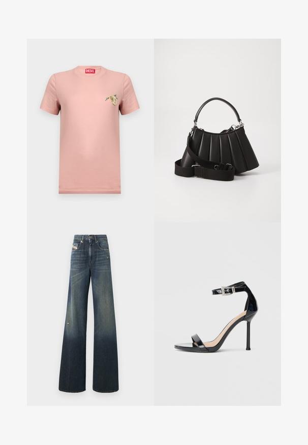 T-shirt Diesel rose clair à manches courtes avec un petit motif floral et la lettre D sur le côté gauche de la poitrine, et une étiquette de marque rouge à l'intérieur du col.; Jean en denim à jambes larges de couleur bleu foncé avec une finition délavée, présentant un genou usé et un design classique à cinq poches avec une étiquette.; Sandale à talon haut en cuir verni noir avec bride à la cheville. Présente un design minimaliste, un bout ouvert et une boucle ornée de strass.; Sac à main plissé noir avec une poignée arrondie, une bandoulière réglable et une texture brillante. Présente des accessoires en argent et une silhouette structurée.