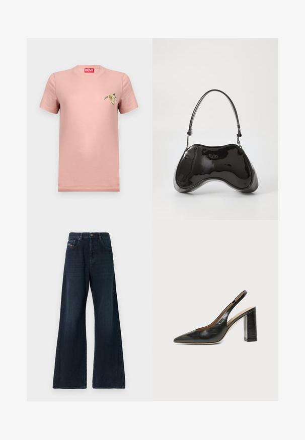 T-shirt Diesel rose clair à manches courtes avec un petit motif floral et la lettre D sur le côté gauche de la poitrine, et une étiquette de marque rouge à l'intérieur du col.; Jean large en denim foncé avec une taille mi-haute, des poches avant, des détails subtils de décoloration et un ourlet net. Doté d'une fermeture à bouton métallique.; Chaussure slingback en cuir noir à bout pointu avec un talon bloc haut et une doublure intérieure beige sur un fond clair uni.; Sac à main en cuir verni noir avec une forme incurvée unique, une anse courte et ajustable, et une fermeture zippée. Texture lisse avec un branding discret.