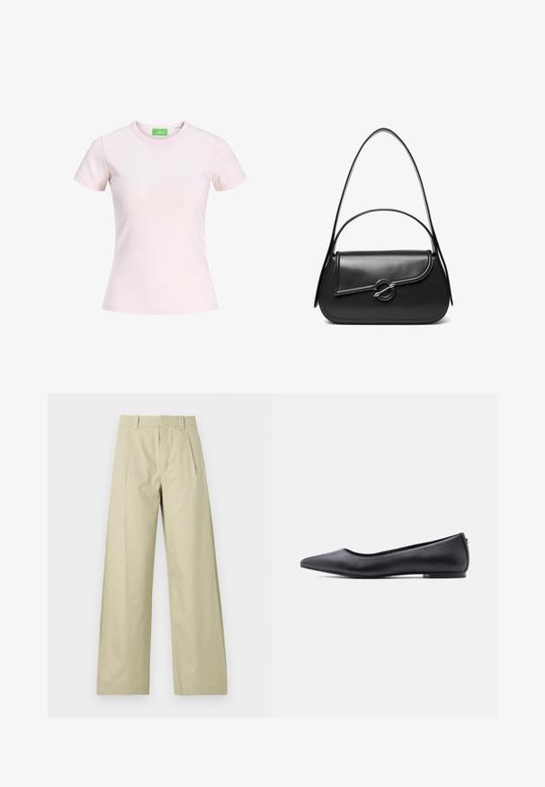 Schlichtes hellrosa, figurbetontes T-Shirt mit kurzen Ärmeln und Rundhalsausschnitt, mit einem grünen Label innen im Halsausschnitt, das den Markennamen JJXX zeigt.; Hellebeige Baumwollhose mit weitem Bein, flachem Frontteil und Falten, Gürtelschlaufen und Umschlägen an den Säumen. Glatte Textur und lässiges Design.; Schwarzer flacher Lederschuh mit spitzer Kappe und niedrigem Absatz, seitlich vor weißem Hintergrund gezeigt.; Schwarze Lederschultertasche mit einer geschwungenen Klappe, die durch einen runden Metallverschluss gesichert ist, und einem schlanken, verstellbaren Riemen.