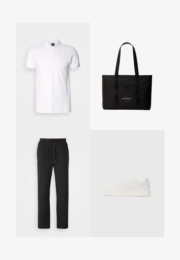Witte poloshirt van katoen met een effen kleur, korte mouwen, een kraag en drie knoopsluitingen aan de voorkant.; Zwarte joggingbroeken van lichtgewicht stof, met een elastische tailleband en verstelbare trekkoorden, evenals zijzakken. Soepele textuur.; Witte sneaker met een gladde synthetische bovenkant, ronde neus en platte witte zool. Voorzien van tonale stiksels en minimalistische branding aan de zijkant.; Zwarte Calvin Klein totebag met twee lange handvatten en een voorvak, met het logo van het merk in wit en grijs.
