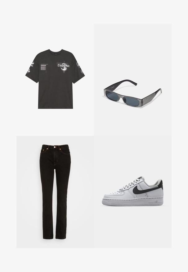 Μαύρο βαμβακερό T-shirt με κοντά μανίκια, στρογγυλή λαιμόκοψη, εκτυπωμένα γραφικά που περιλαμβάνουν κείμενο και σεληνιακά μοτίβα στο μπροστινό μέρος και τα μανίκια.; Weekday CITY HIGH SLIM - Slim fit jeans - black ink; Λευκό δερμάτινο αθλητικό παπούτσι με γκρι λεπτομέρειες, στρογγυλή μύτη, υφασμάτινη επιφάνεια, μαλακό κολάρο και αντίθετο μαύρο λογότυπο swoosh. Σόλα με αερόσολα.; Μαύρα γυαλιά ηλίου με γκρι φακούς, που διαθέτουν σχέδιο πλέγματος από μικρές μεταλλικές ριζόχρυσες πέτρες γύρω από τους σκελετούς. Λείος φινίρισμα, γωνιακό σχέδιο.