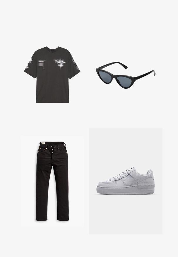 T-shirt en coton noir avec des manches courtes, un col rond, des graphismes imprimés incluant du texte et des motifs lunaires sur le devant et les manches.; Jean noir à jambe droite avec fermeture à boutons, poches avant et arrière, et détails en rivets cuivrés sur fond blanc.; Basket en cuir lisse gris Nike Air Force 1 avec un bout perforé, une semelle épaisse et un détail 'AIR' en relief sur le talon.; Lunettes de soleil noires en forme d'œil de chat avec des verres gris foncé, monture en plastique élégante, coins pointus et branches droites. Pas de métal visible ni d'accents.