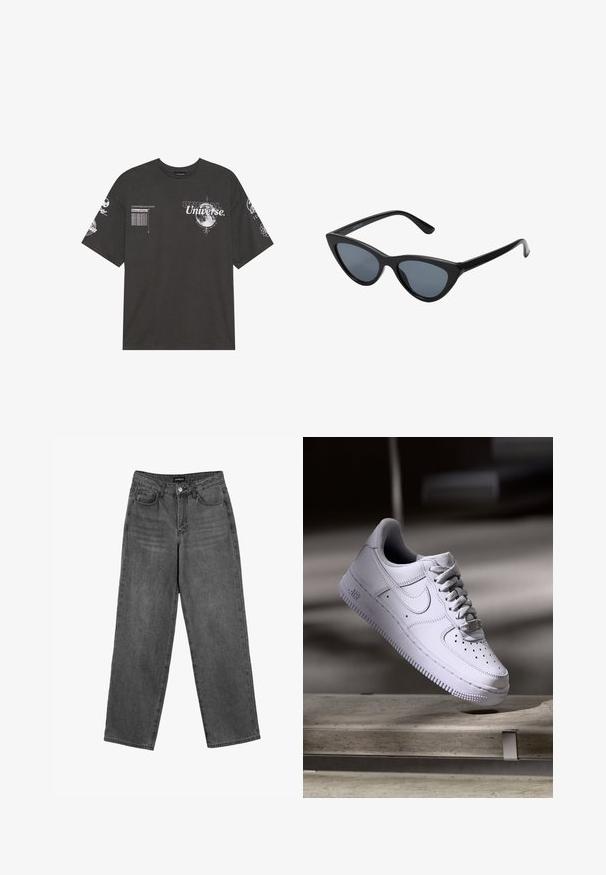 T-shirt en coton noir avec des manches courtes, un col rond, des graphismes imprimés incluant du texte et des motifs lunaires sur le devant et les manches.; Jean droit noir taille haute avec bouton avant et poches, présenté sur un fond blanc.; Baskets Nike Air Force 1 blanches lévitant au-dessus d'une surface en béton avec des ombres dans un cadre minimaliste.; Lunettes de soleil noires en forme d'œil de chat avec des verres gris foncé, monture en plastique élégante, coins pointus et branches droites. Pas de métal visible ni d'accents.