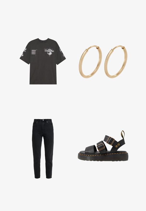 T-shirt en coton noir avec des manches courtes, un col rond, des graphismes imprimés incluant du texte et des motifs lunaires sur le devant et les manches.; Jean en denim noir taille haute avec bouton et fermeture éclair à l'avant, deux poches avant et jambe fuselée sur fond blanc.; Sandales en cuir noir avec deux sangles réglables à boucles, semelle en caoutchouc et accent de couture jaune. Comprend une languette à l'arrière.; Boucles d'oreilles en or en forme de créoles, avec une finition lisse et polie. Forme arrondie, de taille moyenne, dotées d'un mécanisme de fermeture sécurisé.