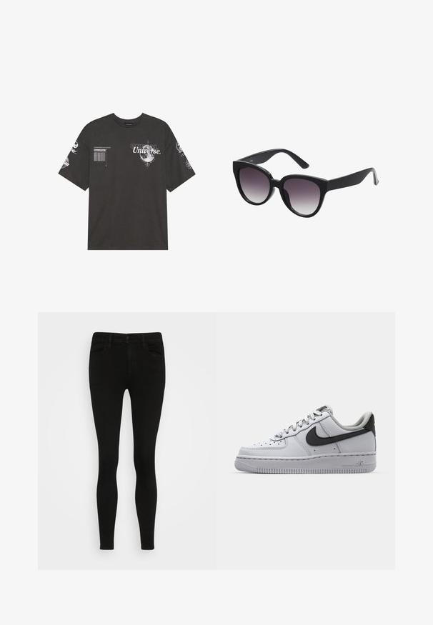 Μαύρο βαμβακερό T-shirt με κοντά μανίκια, στρογγυλή λαιμόκοψη, εκτυπωμένα γραφικά που περιλαμβάνουν κείμενο και σεληνιακά μοτίβα στο μπροστινό μέρος και τα μανίκια.; Μαύρα skinny jeans με απαλό υλικό τζην, πέντε τσέπες, κλείσιμο με κουμπί μπροστά και θηλές ζώνης. Στενό σχέδιο σε όλη την επιφάνεια.; Λευκό δερμάτινο αθλητικό παπούτσι με γκρι λεπτομέρειες, στρογγυλή μύτη, υφασμάτινη επιφάνεια, μαλακό κολάρο και αντίθετο μαύρο λογότυπο swoosh. Σόλα με αερόσολα.; Μαύρα γυαλιά ηλίου cat-eye με γκρίζους φακούς gradient. Παχιά, γυαλιστερά πλαστικά σκελέτα και μυτερά χέρια. Χωρίς ορατή σήμανση ή στολίσματα.