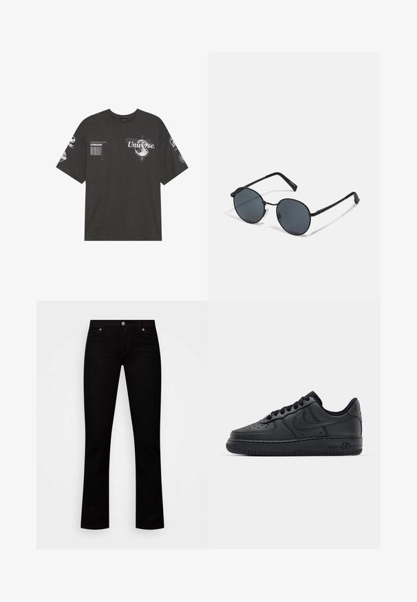 T-shirt en coton noir avec des manches courtes, un col rond, des graphismes imprimés incluant du texte et des motifs lunaires sur le devant et les manches.; Jean noir droit avec poches avant, passants de ceinture et fermeture par bouton sur fond blanc.; Baskets en cuir noir avec boîte à orteils perforée, lacets plats et semelle en caoutchouc. Présente un petit logo sur le côté et des détails texturés.; Lunettes de soleil en métal noir avec des verres ronds, teintés foncés, branches fines et plaquettes de nez réglables, arborant un design minimaliste sans logo visible.