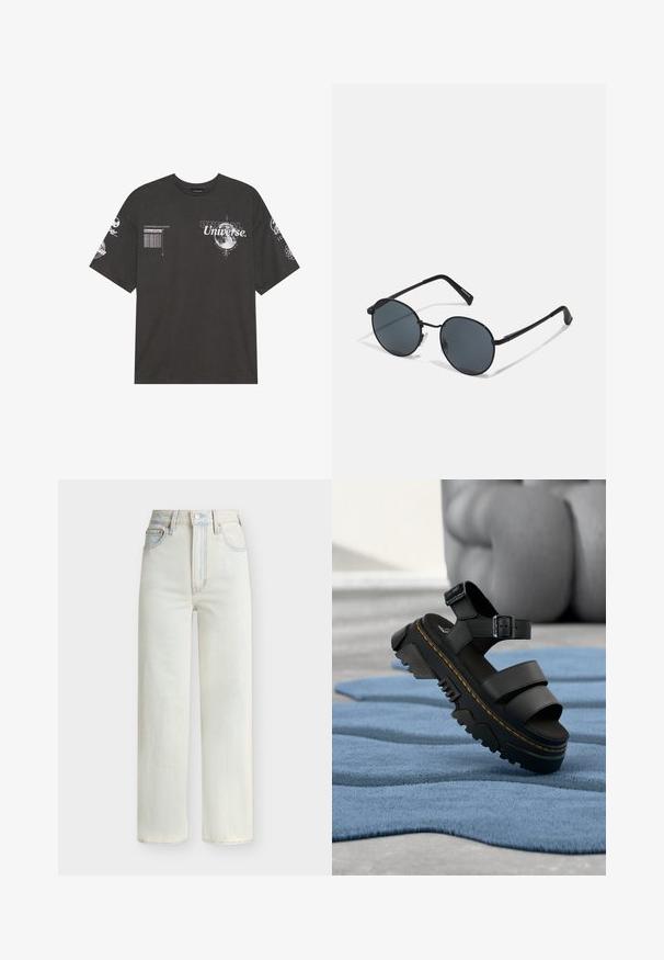 Μαύρο βαμβακερό T-shirt με κοντά μανίκια, στρογγυλή λαιμόκοψη, εκτυπωμένα γραφικά που περιλαμβάνουν κείμενο και σεληνιακά μοτίβα στο μπροστινό μέρος και τα μανίκια.; Τζιν με ψηλή μέση και ίσια γραμμή σε ανοιχτό μπλε χρώμα, με κουμπί μπροστά, φερμουάρ και πεντάτσεπη σχεδίαση.; Μαύρο σανδάλι με πλατφόρμα και παχιά σόλα, με ρυθμιζόμενο λουρί στον αστράγαλο και κίτρινη ραφή, τοποθετημένο πάνω σε υφή μπλε υφάσματος.; Μαύρα γυαλιά ηλίου με στρογγυλούς φακούς, σκούρους, λεπτά μπράτσα και ρυθμιζόμενα μαξιλαράκια μύτης, με μινιμαλιστική σχεδίαση και χωρίς ορατή επωνυμία.