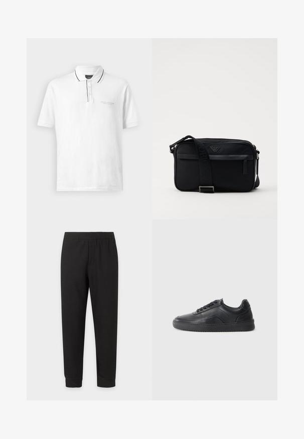 Camisa tipo polo blanca con cuello, que presenta un borde negro a lo largo del cuello y la tapeta. Incluye tres botones y un logo sutil en el pecho.; Pantalones casual negros con cintura elástica, piernas entalladas y bajos con puños sobre un fondo blanco.; Zapatilla negra de cuero con un acabado suave, punta redondeada, panel lateral texturizado y cordones negros. Presenta una suela de goma plana y un diseño minimalista.; Bolso de hombro negro de nailon con una correa de contraste, forma rectangular elegante, detalle del logo y un bolsillo con cremallera en la parte frontal.