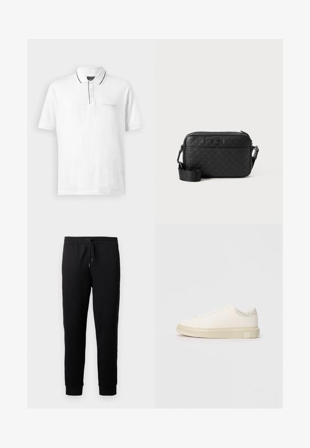 Chemise polo blanche avec col, ornée de bordures noires le long du col et de la patte de boutonnage. Comprend trois boutons et un logo discret sur la poitrine.; Pantalons de jogging noirs en tissu doux avec une taille élastique et un cordon de serrage. Présente des jambes fuselées avec des poignets côtelés.; Sneaker blanc avec une tige en toile lisse, des lacets plats, un col rembourré et un accent gris texturé à l'arrière. Semelle en caoutchouc épaisse.; Sac bandoulière noir texturé avec motif géométrique en relief et bandoulière réglable avec logo de la marque.