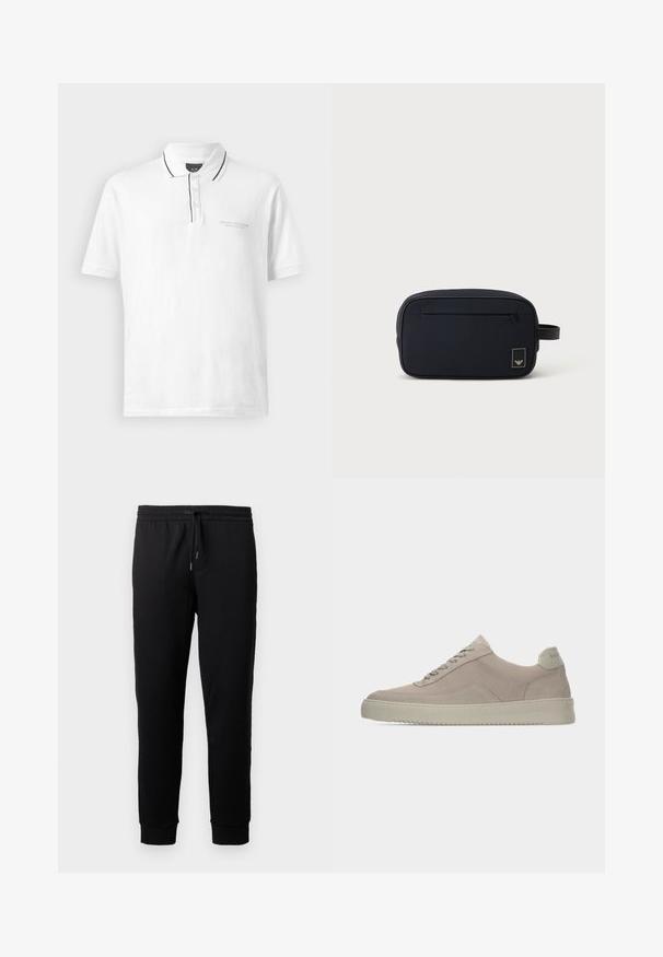 Camisa tipo polo blanca con cuello, que presenta un borde negro a lo largo del cuello y la tapeta. Incluye tres botones y un logo sutil en el pecho.; Pantalones de chándal negros hechos de una tela suave con cintura elástica y cordón. Presenta perneras ajustadas con puños acanalados.; Zapatillas deportivas de ante beige con acabado texturizado, puntera redondeada y cordones tono sobre tono. Cuenta con una suela de goma gruesa y una sutil marca en el talón.; Bolsa de aseo rectangular negra con bolsillo frontal con cremallera y pequeño parche con logo, con correa de asa lateral.
