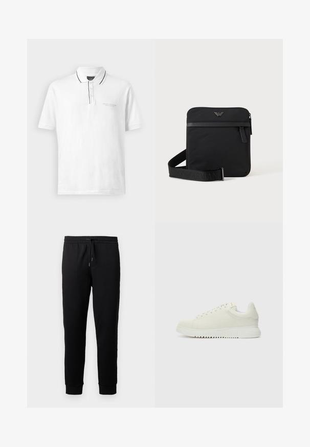 Chemise polo blanche avec col, ornée de bordures noires le long du col et de la patte de boutonnage. Comprend trois boutons et un logo discret sur la poitrine.; Pantalons de jogging noirs en tissu doux avec une taille élastique et un cordon de serrage. Présente des jambes fuselées avec des poignets côtelés.; Baskets blanches en cuir avec un dessus texturé, bout rond, semelle plate blanche et lacets ton sur ton. Marque discrète sur la languette.; Sac bandoulière carré noir avec fermeture éclair, poche avant et sangle réglable avec nom de marque embossé.