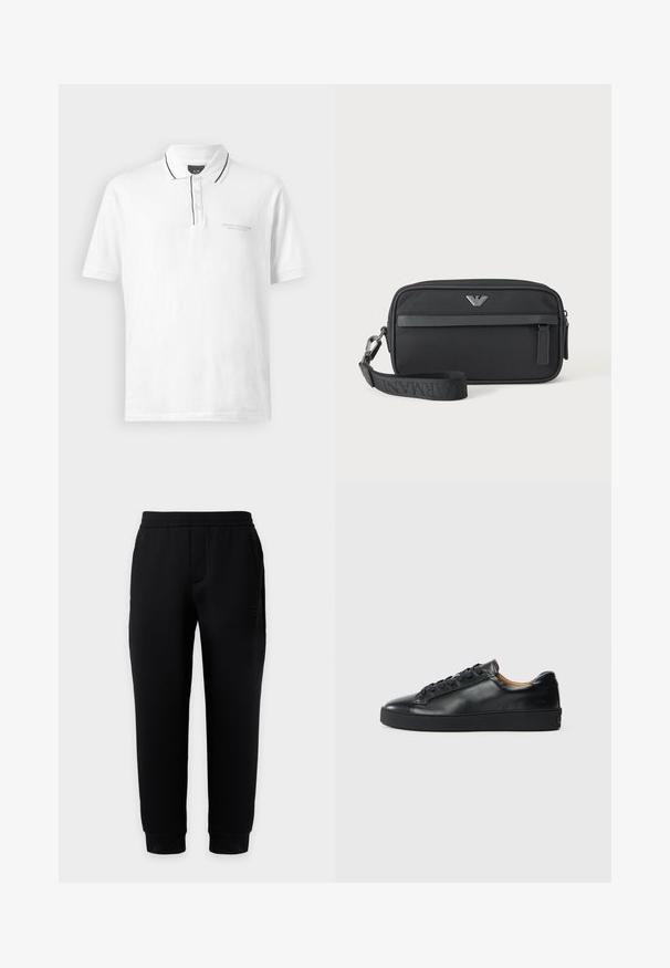 Chemise polo blanche avec col, ornée de bordures noires le long du col et de la patte de boutonnage. Comprend trois boutons et un logo discret sur la poitrine.; Pantalon de jogging noir ajusté avec taille et poignets élastiques, poches latérales et logo discret sur la cuisse droite sur fond uni.; Baskets en cuir noir avec une texture lisse, bout rond et fermeture à lacets. Comprend une semelle en caoutchouc épaisse et un minimum de détails de marque.; Petit sac bracelet rectangulaire noir avec poche avant zippée, emblème logo argenté et bandoulière amovible avec texte de marque.