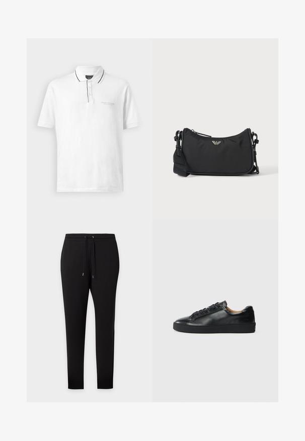 Camisa tipo polo blanca con cuello, que presenta un borde negro a lo largo del cuello y la tapeta. Incluye tres botones y un logo sutil en el pecho.; Pantalones deportivos ajustados negros con cintura elástica y cordón, puños en los tobillos, mostrados sobre fondo liso.; Zapatilla negra de cuero con una textura suave, puntera redonda y cierre de cordones. Presenta una suela de goma gruesa y un detalle de marca mínimo.; Bolso cruzado rectangular negro con emblema del logo de la marca en plata y correa ajustable sobre fondo claro.