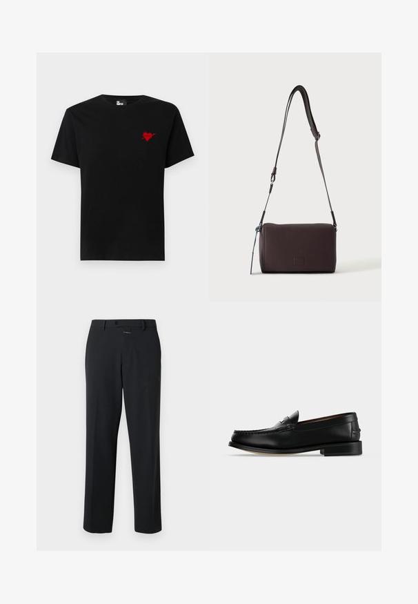 T-shirt en coton noir avec un petit design de cœur rouge et d'une flèche sur le côté gauche de la poitrine. Encolure standard à col rond avec des manches courtes.; Pantalon noir à coupe droite, en tissu lisse. Il présente une fermeture à bouton à l'avant et des détails de couture subtils. Conception simple sans motifs.; Mocassin homme en cuir noir avec un petit talon et une couture de style mocassin sur l'avant, vu de côté sur un fond uni.; Sac bandoulière en cuir marron foncé texturé avec une sangle réglable et un petit accent décoratif bleu sur le côté.