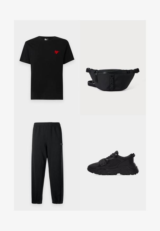 T-shirt en coton noir avec un petit design de cœur rouge et d'une flèche sur le côté gauche de la poitrine. Encolure standard à col rond avec des manches courtes.; Pantalons de survêtement noirs avec une taille élastique, des jambes fuselées et une petite patch de marque. Fabriqués en tissu lisse et léger.; Baskets noires épaisses avec des panneaux en mesh et cuir, semelle épaisse texturée, devant à lacets et une bride avec des clous métalliques traversant les lacets.; Sac banane noir Moschino avec fermeture éclair frontale et sangle ajustable sur un fond uni clair.