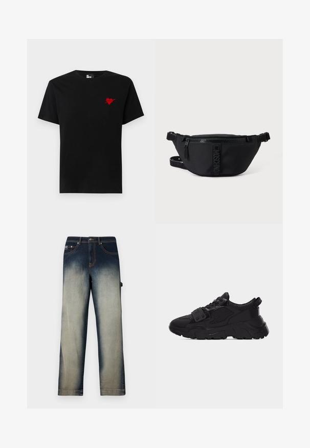 T-shirt en coton noir avec un petit design de cœur rouge et d'une flèche sur le côté gauche de la poitrine. Encolure standard à col rond avec des manches courtes.; Jeans en denim avec jambes droites et effet délavé, passant d'un bleu foncé à la taille à un bleu clair sur les jambes, avec poches avant et passants de ceinture.; Baskets noires épaisses avec des panneaux en mesh et cuir, semelle épaisse texturée, devant à lacets et une bride avec des clous métalliques traversant les lacets.; Sac banane noir Moschino avec fermeture éclair frontale et sangle ajustable sur un fond uni clair.