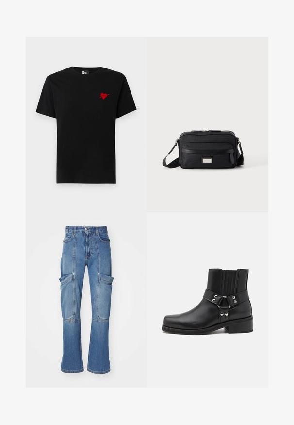 Zwarte katoen T-shirt met een klein rood hart en pijlenontwerp op de linkerkant van de borst. Standaard crew neckline met korte mouwen.; Lichte blauwe denim cargobroek met een hoge taille, meerdere zijzakken en wijde pijpen, met contrasterende stiksels en een ritssluiting.; The Kooples CHAUSSURES - Cowboy-/Bikerlaarsjes - black; Zwarte rechthoekige crossbodytas met voorvak met ritssluiting, verstelbare schouderband en zilveren rechthoekige logo-plaat op effen achtergrond.